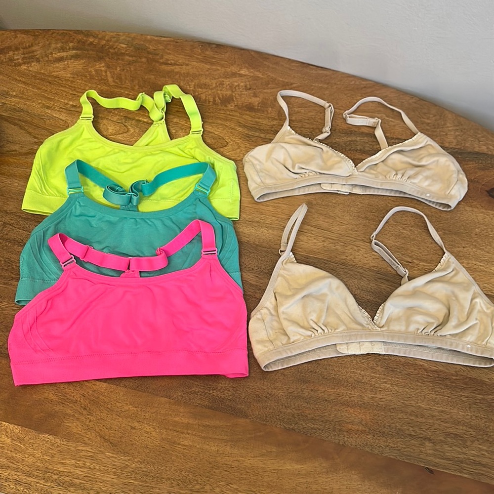 3 BCG Girl’s Sports Bras Bundle sz S and 2 Justice bras w/no padding sz 32